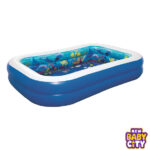 The Bestway 54177 3D Undersea Adventure Pool is a large inflatable family pool featuring an exciting underwater 3D design. With included 3D goggles and treasure accessories, it offers a unique and interactive water play experience for kids aged 3+.