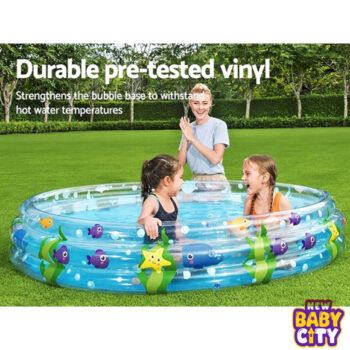 A colorful and durable inflatable round pool by Bestway, designed with 3 air rings for added stability and safety. Perfect for kids to enjoy cool and refreshing summer fun right in your backyard.