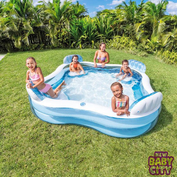 INTEX-56475-Inflatable-Pool-with-4-Seats-and-Cup-Holders-Family-Lounge-Pool The INTEX 57166 Little Dino Play Center is a fun dinosaur-themed inflatable kids’ pool with a built-in water slide, sprayer, and inflatable dinosaur toy. Designed for outdoor summer play, this colorful above-ground play center offers safe and exciting water fun for toddlers and young children aged 2 years and above. (intexcorp.com