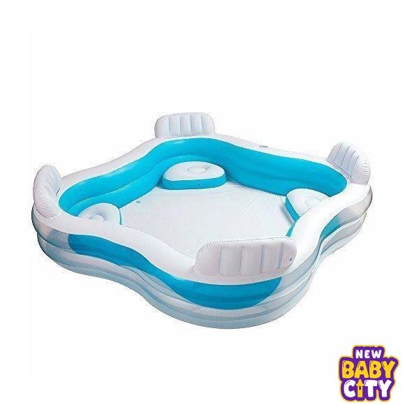 INTEX-56475-Inflatable-Pool-with-4-Seats-and-Cup-Holders-Family-Lounge-Pool,, The INTEX 57166 Little Dino Play Center is a fun dinosaur-themed inflatable kids’ pool with a built-in water slide, sprayer, and inflatable dinosaur toy. Designed for outdoor summer play, this colorful above-ground play center offers safe and exciting water fun for toddlers and young children aged 2 years and above. (intexcorp.com